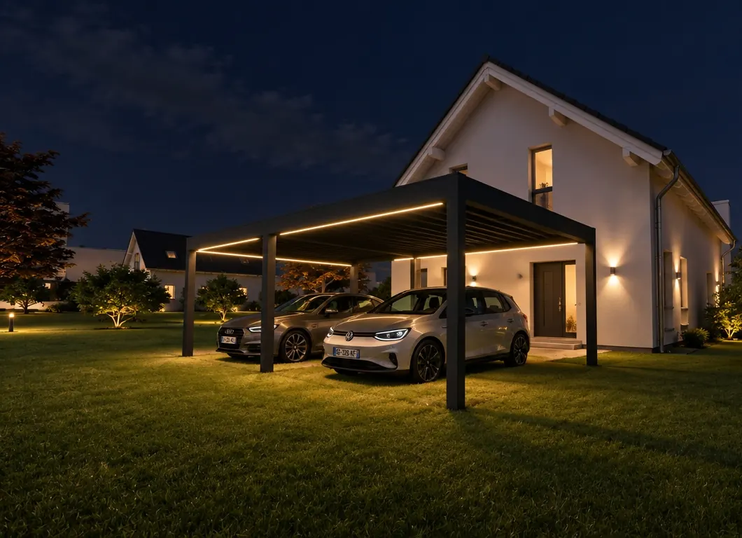 Carport devant une maison, éclairé le soir
