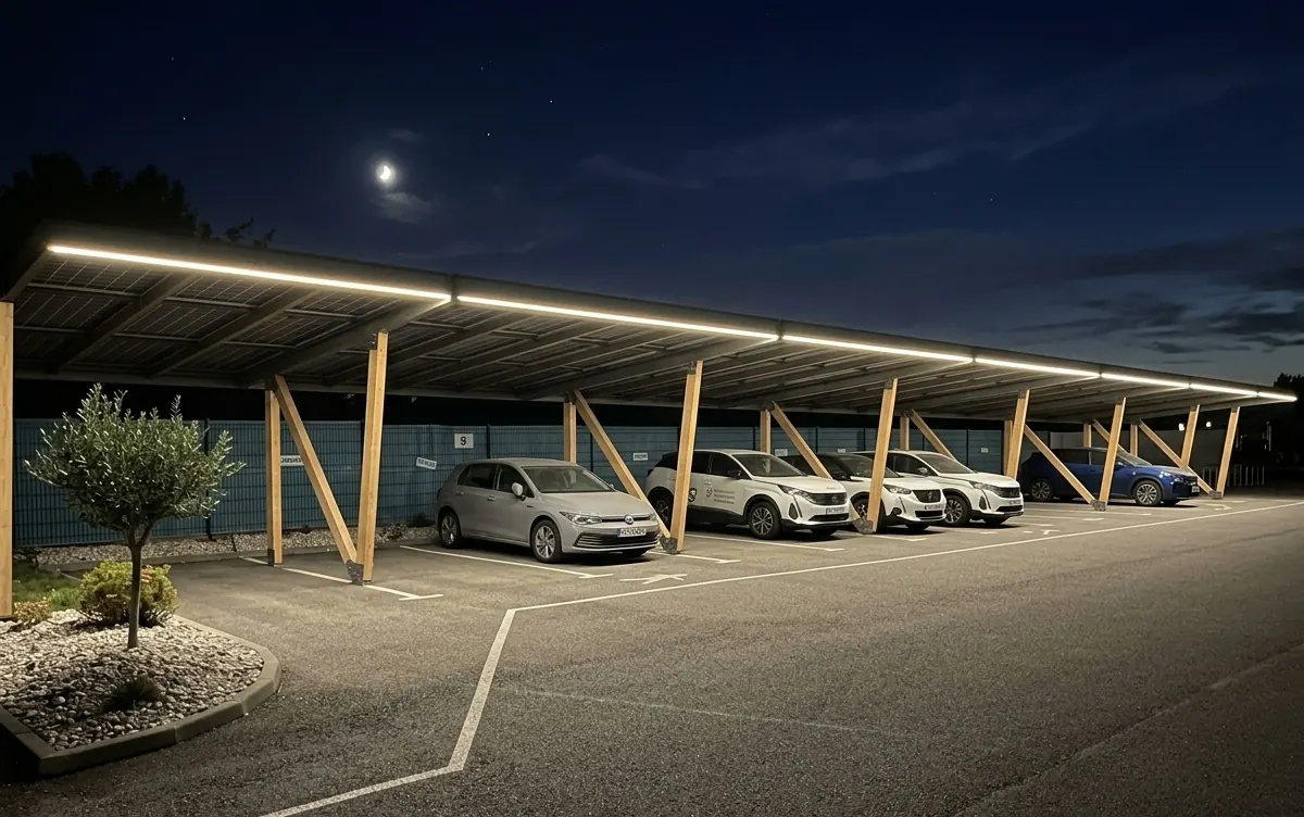 Rangée d’ombrières à pieds bois éclairées la nuit