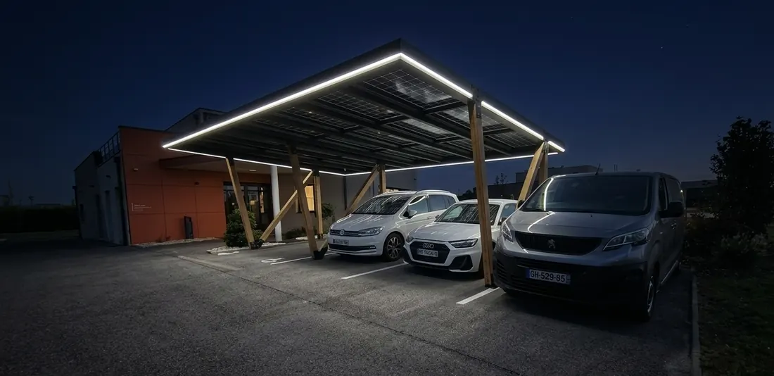 Ombrière deux places éclairée devant un bâtiment